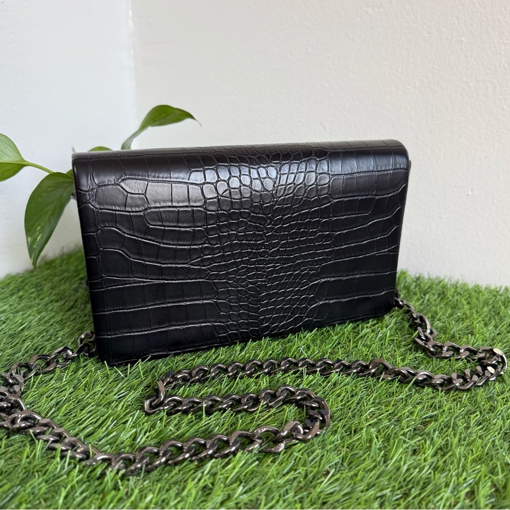 Aldo Black Croc-Embossed Clutch with Chain Strap
